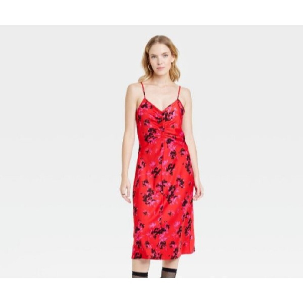 A New Day Ruched Slip Dress - Red Print - Womens MEDIUM - NEW